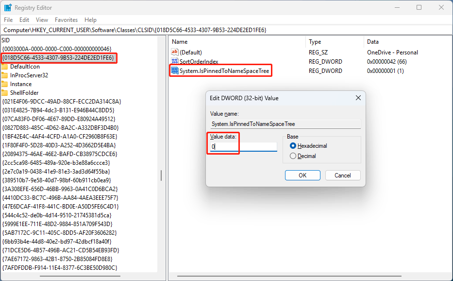 The Registry Editor interface with the value data for System.IsPinnedToNameSpaceTree set to 0.