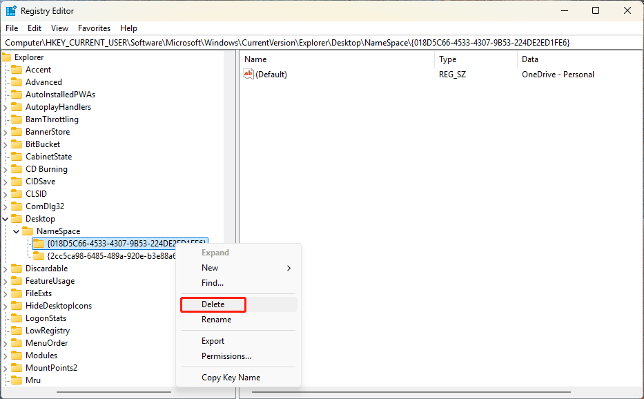 The Registry Editor interface with the Delete option highlighted for a special key.