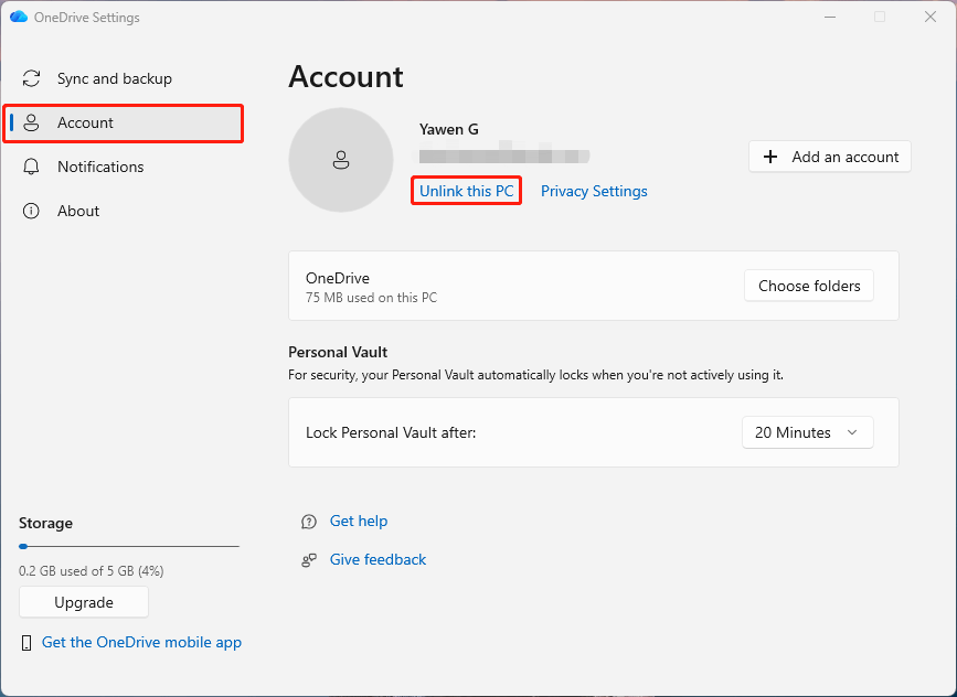 The OneDrive Settings interface with Account and Unlink this PC highlighted.