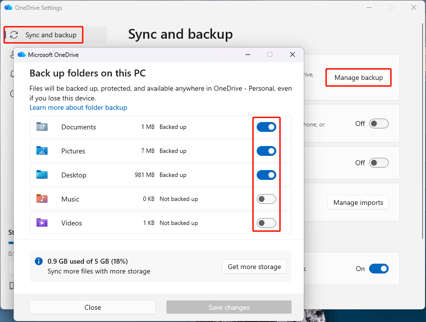 The OneDrive Back up folders on this PC interface with the toggles on or off for Documents, Pictures, Desktop, Music, and Videos.