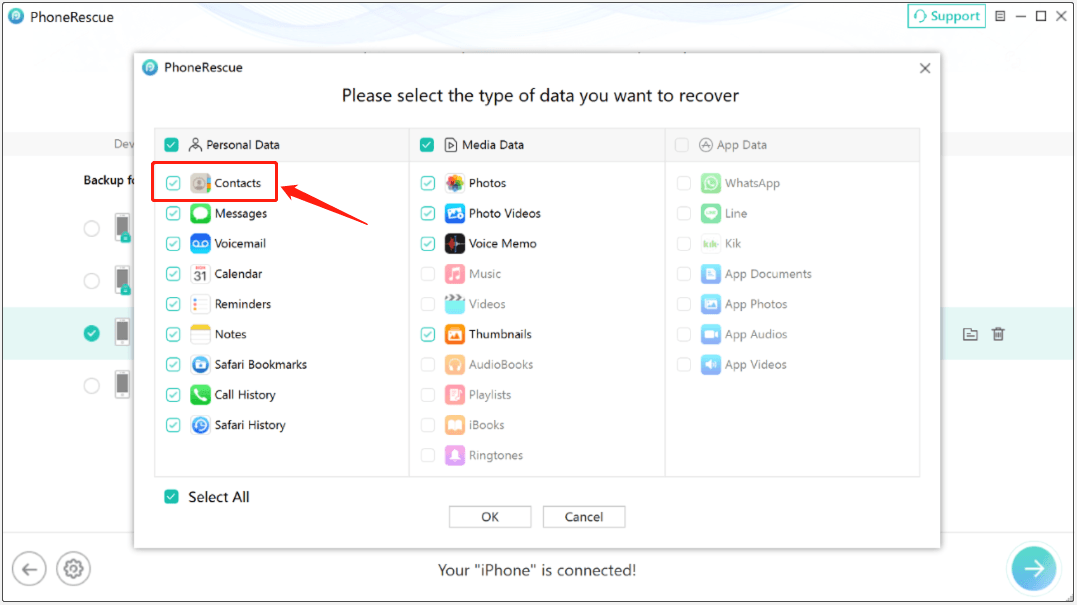 PhoneRescue for iOS interface shows the available file types ready to scan. 