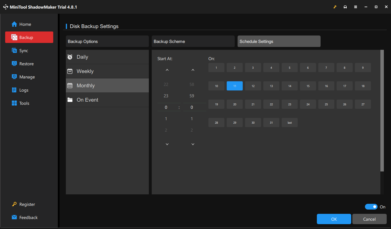 The MiniTool ShadowMaker interface for automatic backup settings.