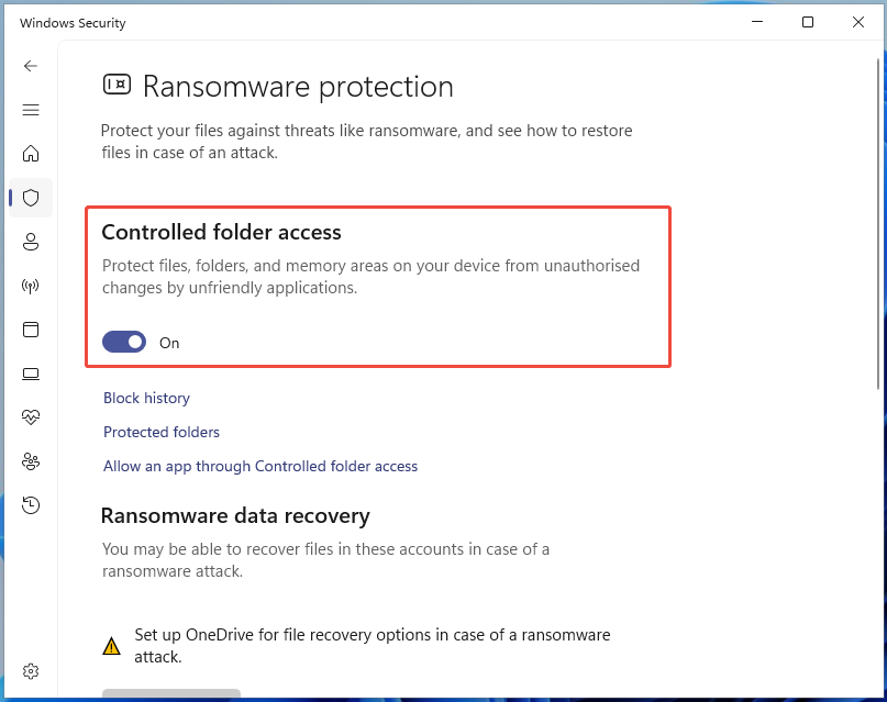 The Windows Security window with the enabled Controlled folder access option.