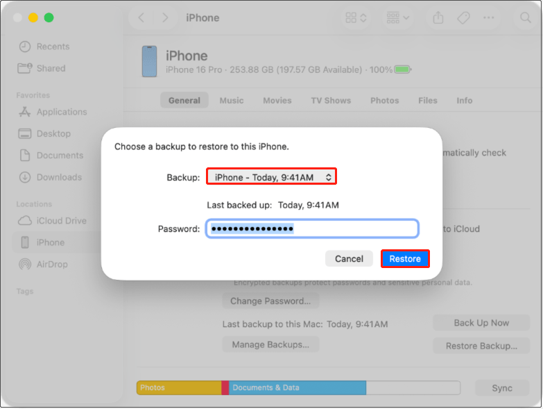 Finder on macOS shows a connected iPhone with a dialog prompting you to select and restore a backup.