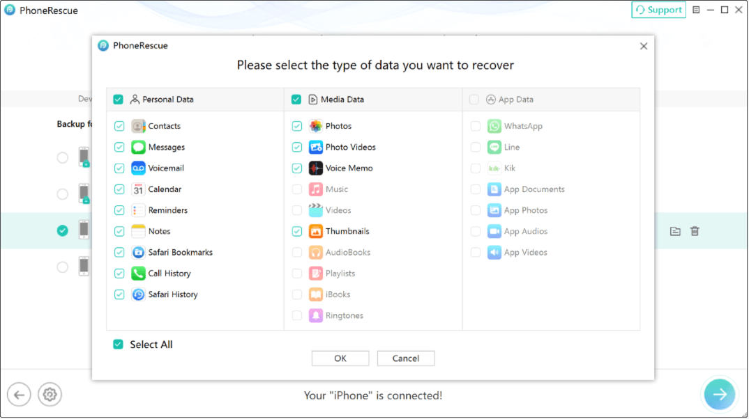 PhoneRescue for iOS interface prompting to select the type of data to recover.