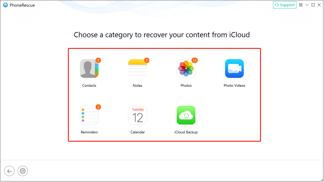 PhoneRescue for iOS interface shows the available categories to recover from iCloud.