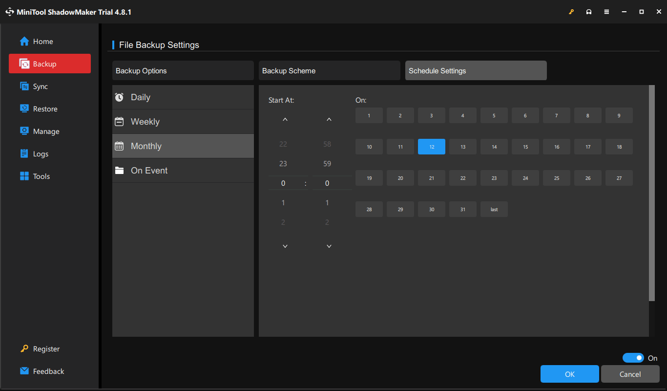 The Schedule Settings window in MiniTool ShadowMaker for automatic backups.