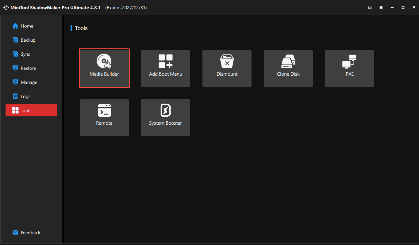 creating bootable media using Media Builder in MiniTool ShadowMaker.