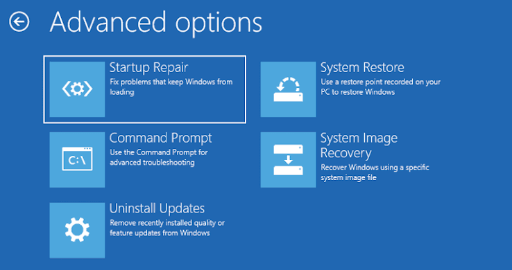 The Startup Repair window in WinRE.