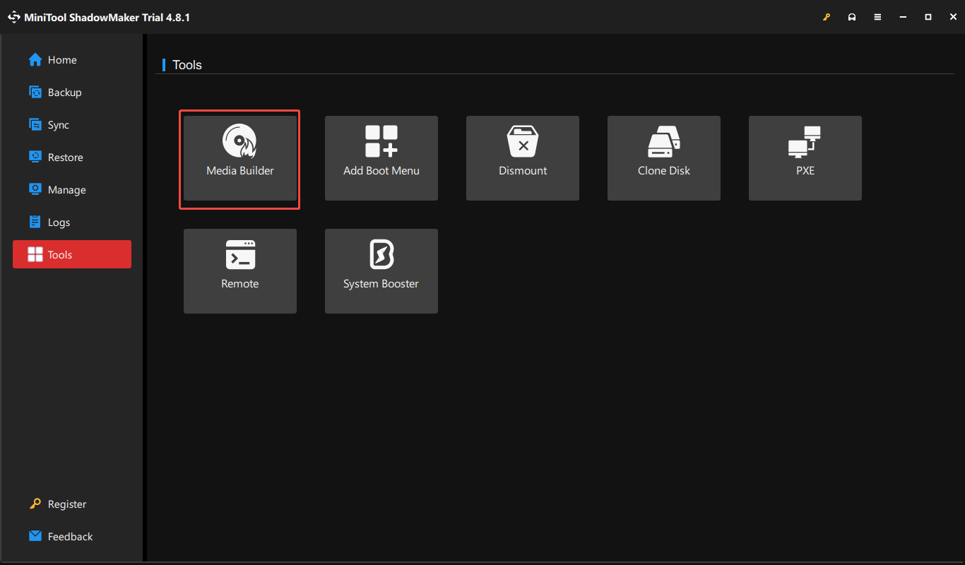 Se seleccionan MiniTool ShadowMaker y Media Builder para crear medios de arranque para la recuperación de la PC.