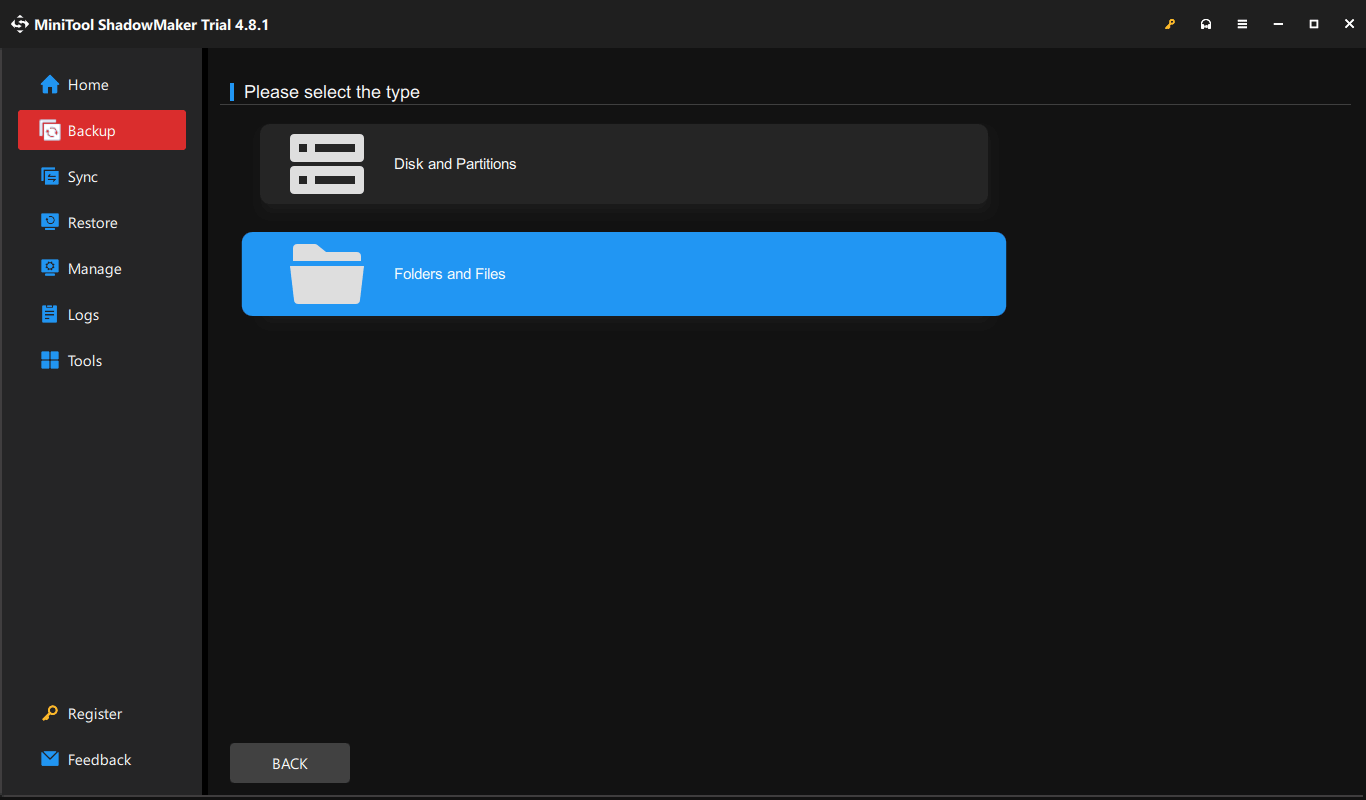 MiniTool ShadowMaker with Folders and Files selected for file backup.