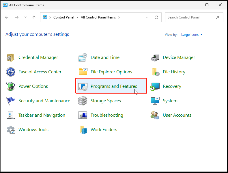L'interface du Panneau de configuration avec l'option « Programmes et fonctionnalités » sélectionnée.
