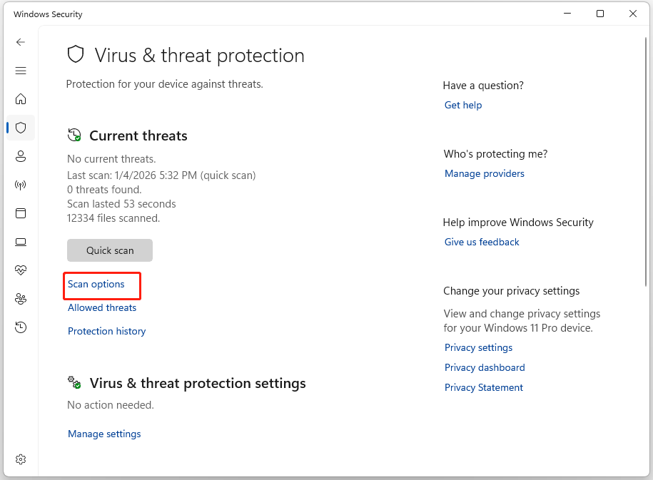 La page « Protection contre les virus et menaces » avec l'option « Options d'analyse » sélectionnée.