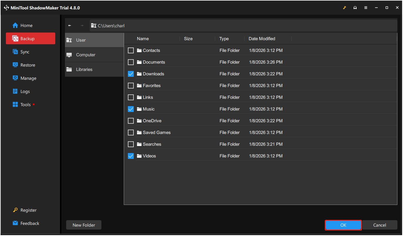 L'interface de MiniTool ShadowMaker avec les fichiers cochés et l'option OK sélectionnée.