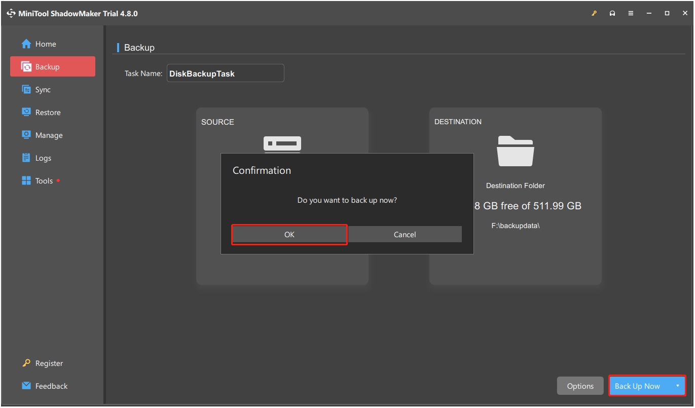 L'interface de MiniTool ShadowMaker avec les options « Sauvegarder maintenant » et OK sélectionnées.