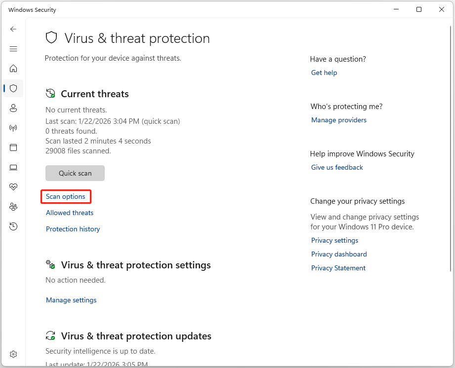 La page « Protection contre les virus et menaces » de Sécurité Windows avec les options d'analyse sélectionnées.
