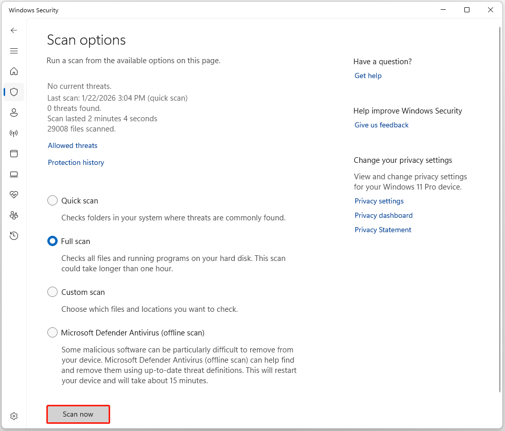La page des options d'analyse de Sécurité Windows avec l'option « Analyser maintenant » sélectionnée.