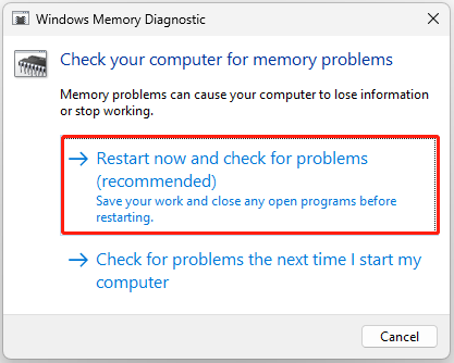 L'interface de l'outil de diagnostic de la mémoire Windows avec l'option « Redémarrer maintenant et rechercher les problèmes (recommandé) » sélectionnée.