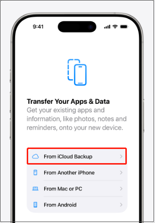iPhone interface shows the option to restore data from iCloud backup.