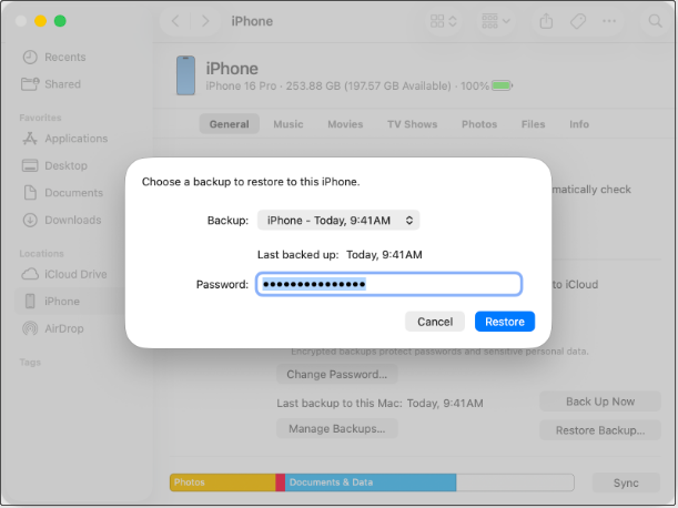 Finder interface shows iPhone backup and the Restore button.