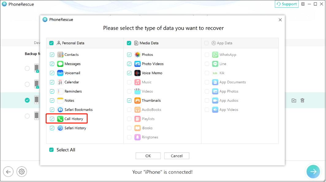 PhoneRescue for iOS interface shows the available data types to scan, including Call History.