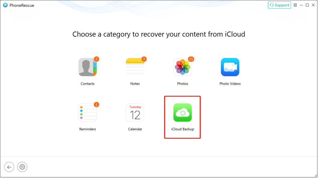 PhoneRescue for iOS interface shows the available categories to recover data from iCloud.