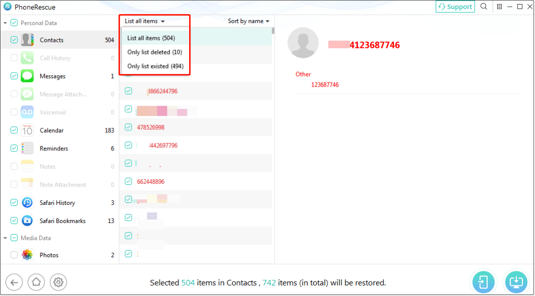 PhoneRescue for iOS interface shows the options to list deleted items and existing data.