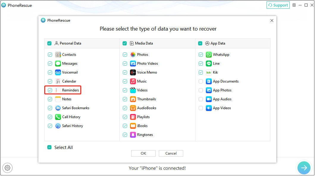 PhoneRescue for iOS interface shows the Reminders category and other file types available for scan.