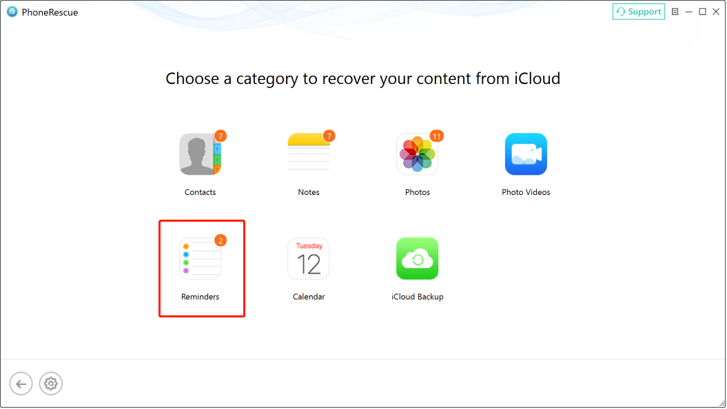 PhoneRescue for iOS interface shows file categories available on iCloud.