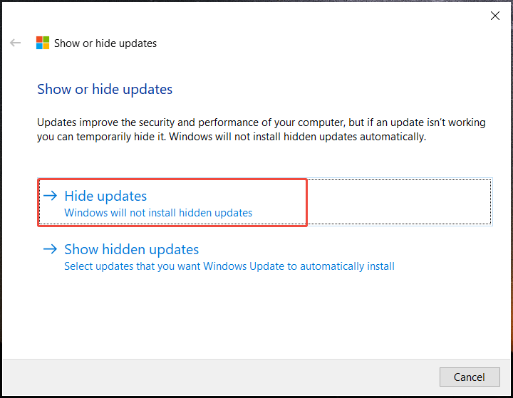 The Show or hide updates window with Hide updates selected.