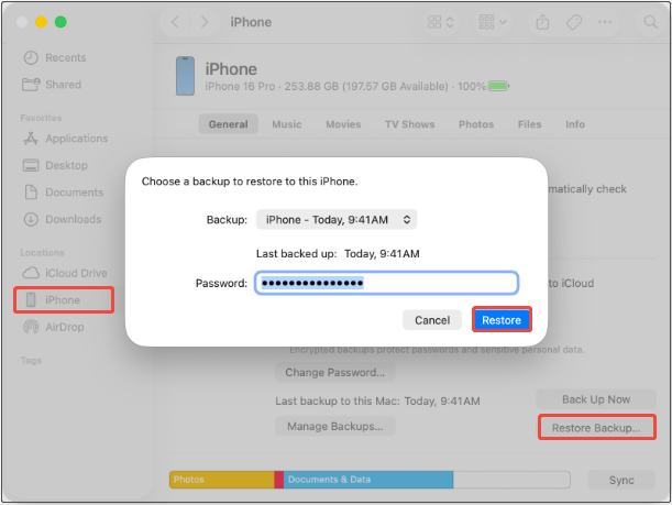 Finder interface shows the window to restore iPhone from an iTunes backup.