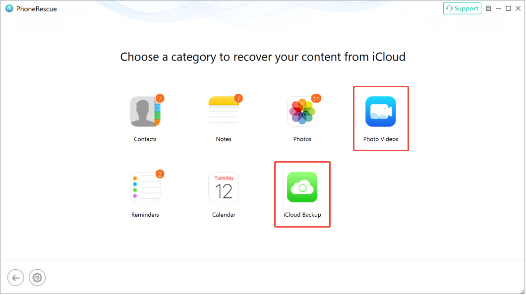 PhoneRescue for iOS interface shows the file categories, with Photo Videos and iCloud Backup highlighted.