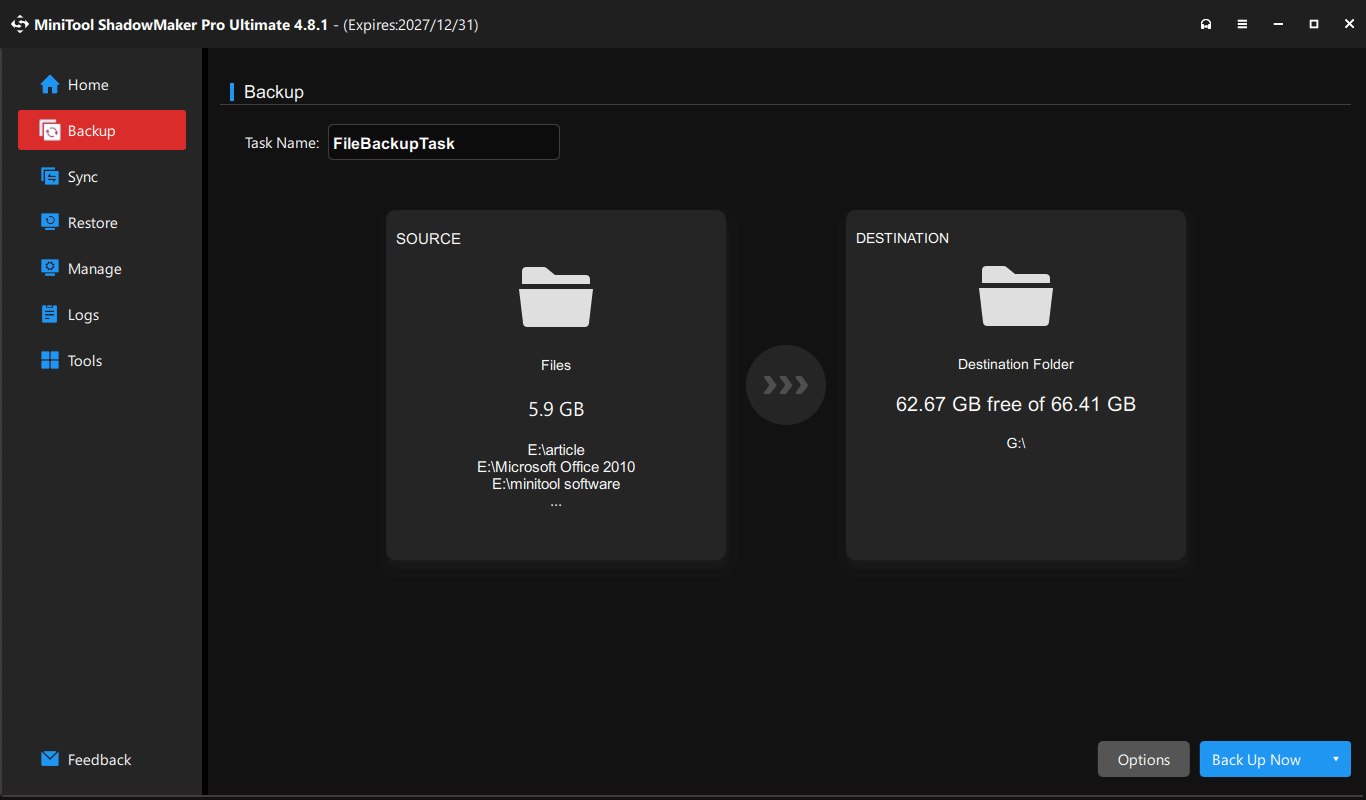 The MiniTool ShadowMaker interface with selected source and destination for file backup.