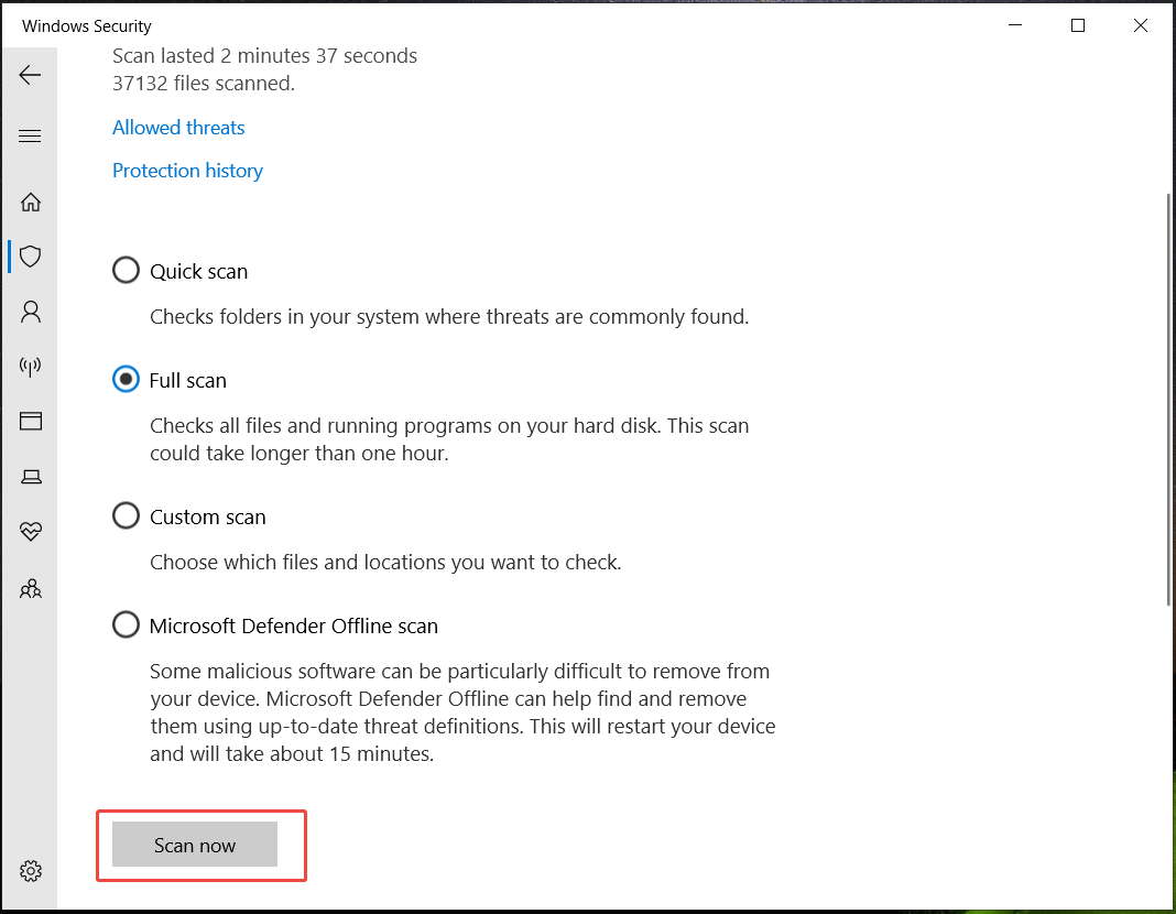The Windows Security interface with Scan now selected for a full scan.