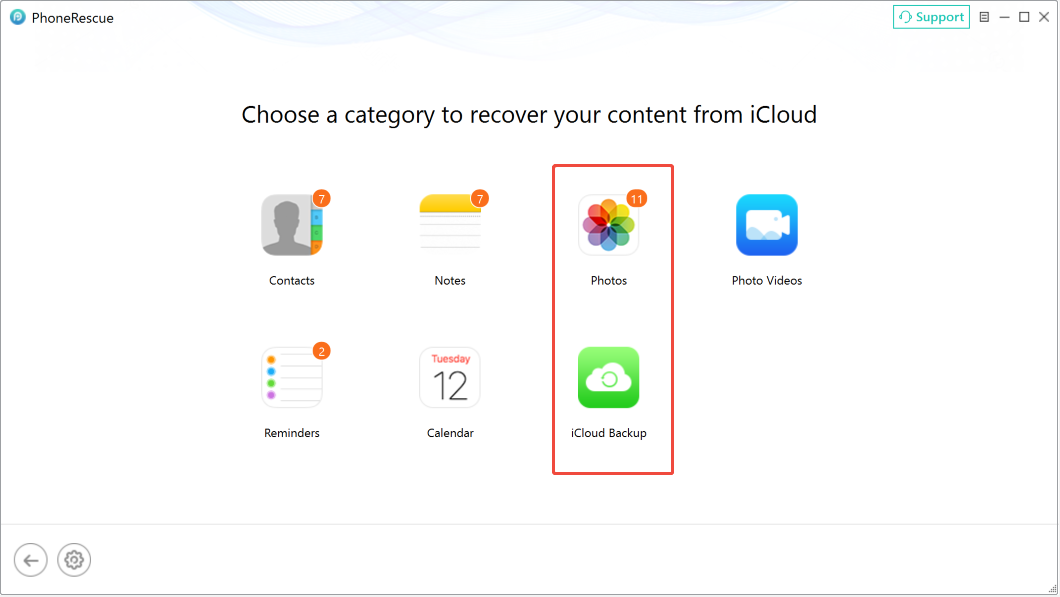 PhoneRescue for iOS interface shows the Photos and iCloud Backup options.