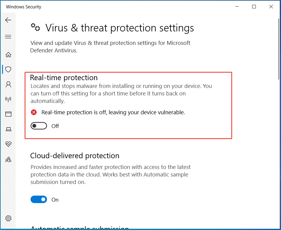 Interface de Sécurité Windows avec la protection en temps réel désactivée.