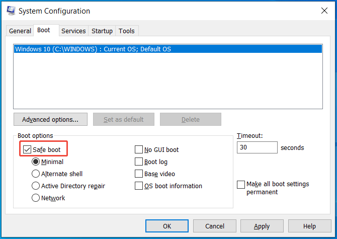 Fenêtre de configuration du système avec l'option « Démarrage sécurisé » cochée pour accéder au mode sans échec.