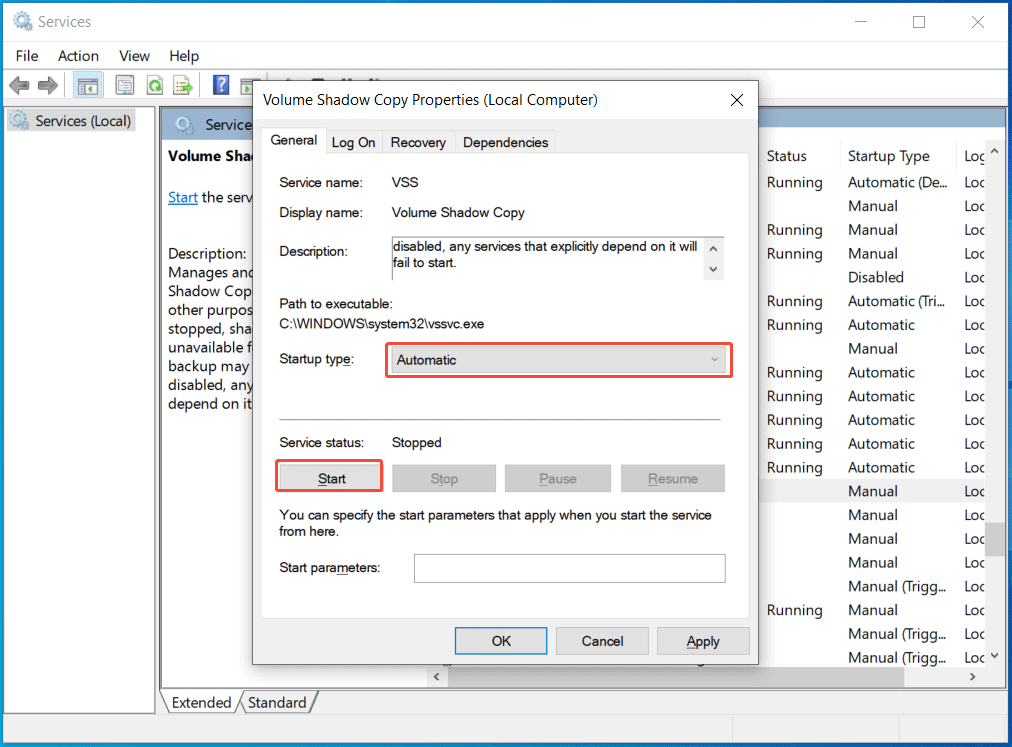 Propriétés du service Cliché instantané des volumes (VSS) avec le type de démarrage « Automatique ».