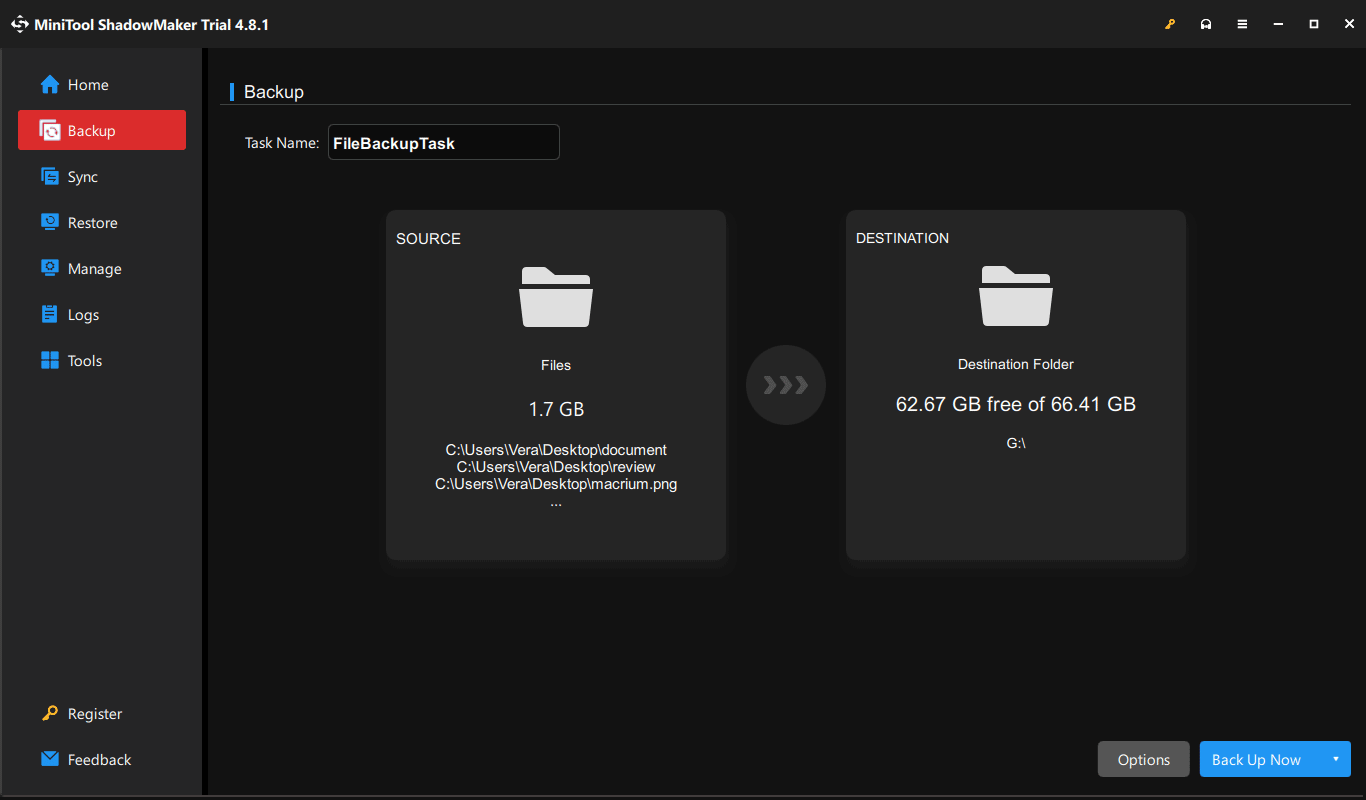 MiniTool ShadowMaker creating file backup before reinstalling Windows.