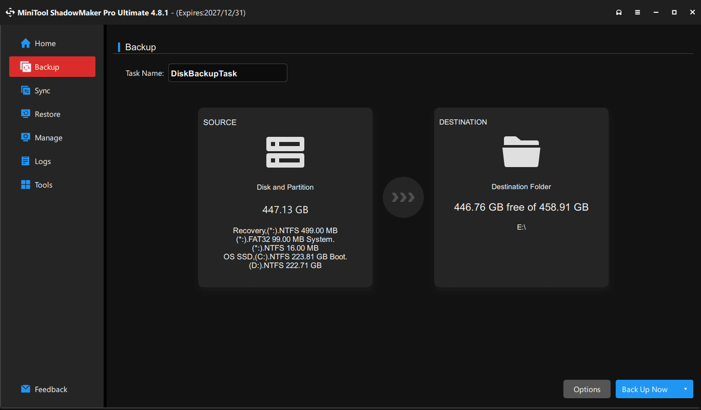 The MiniTool ShadowMaker interface with selected source and destination for disk backup.