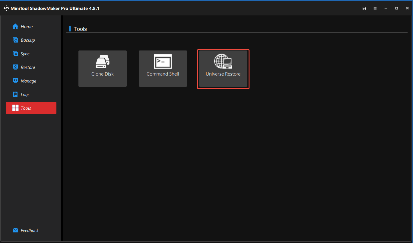 MiniTool ShadowMaker with Universal Restore selected.