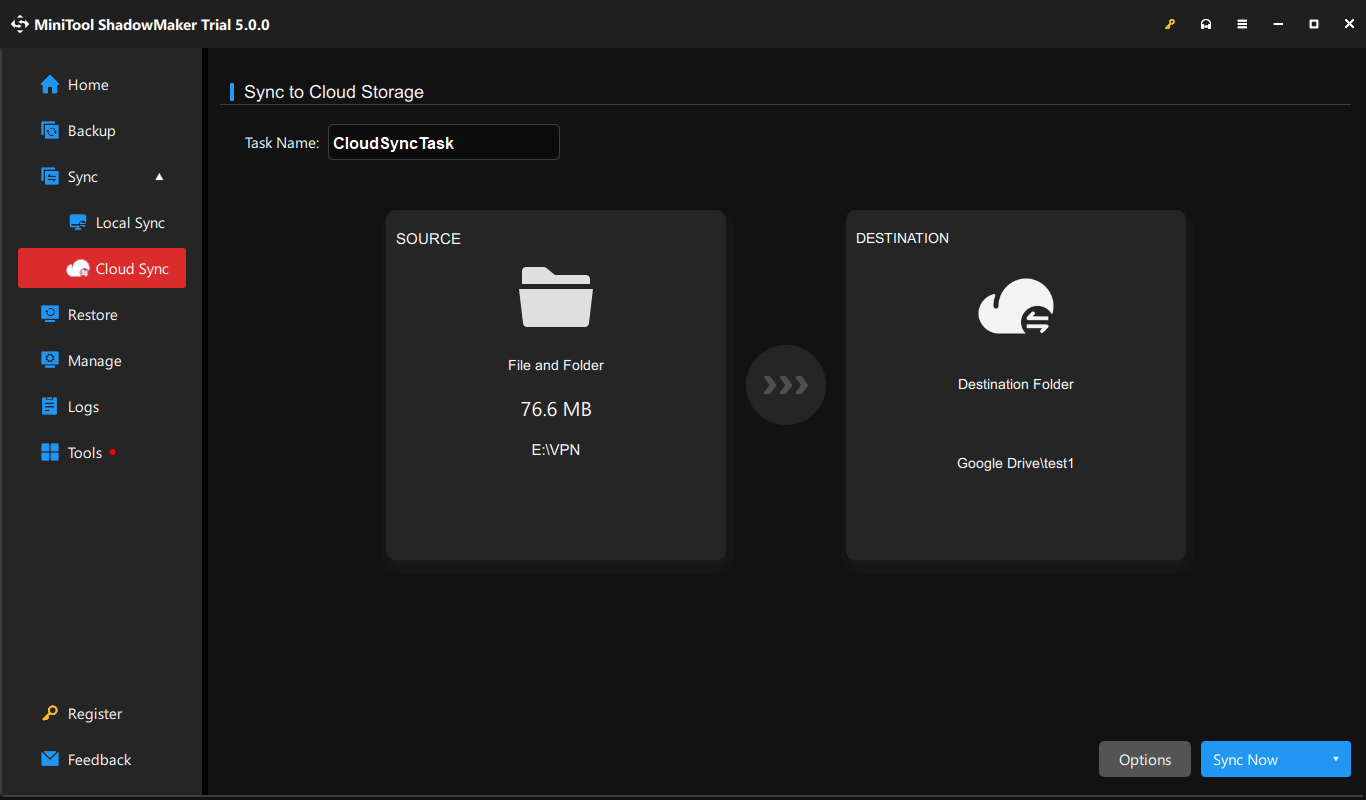 Cloud Sync in MiniTool ShadowMaker with source and destination selected for file sync.