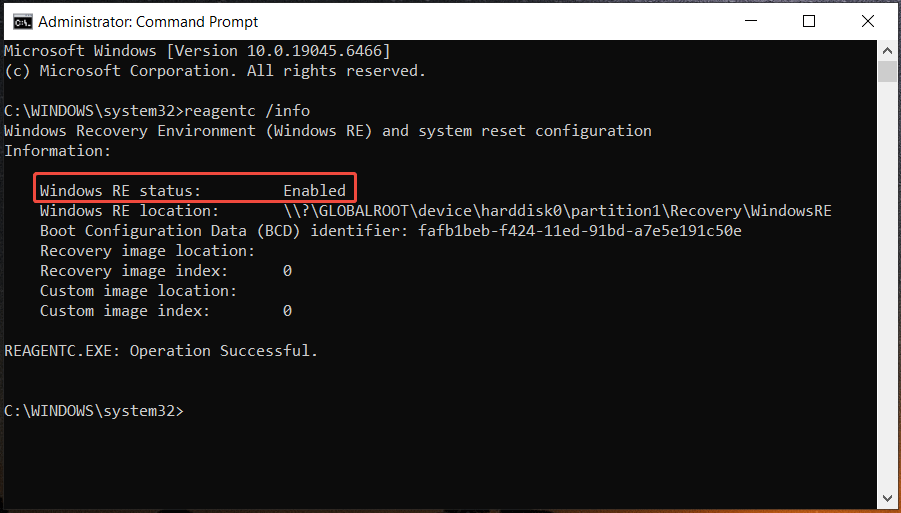 The Command Prompt window for checking WinRE status.