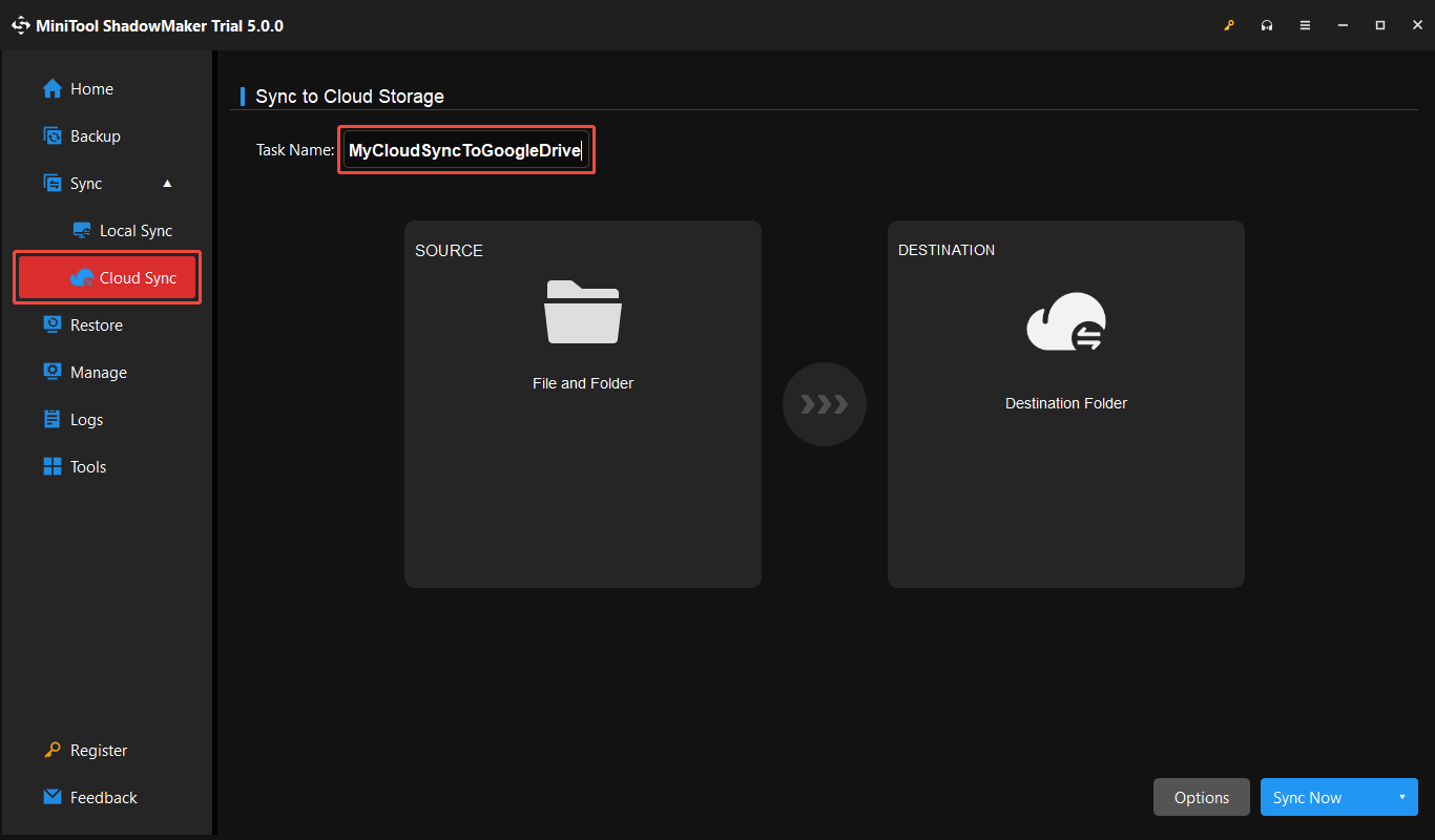 MiniTool ShadowMaker Cloud Sync page with the Cloud sync to Google Drive task name field highlighted.