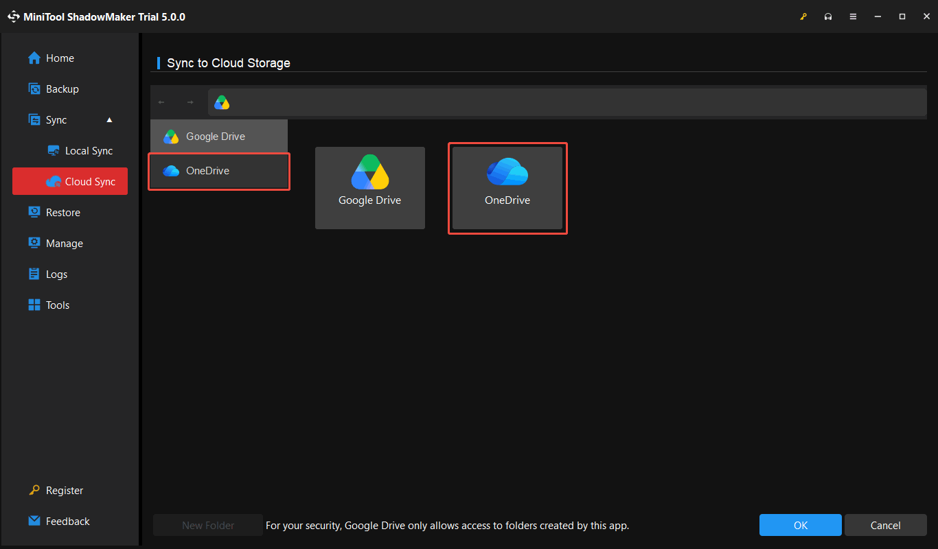 Sync to Cloud Storage window with OneDrive highlighted.