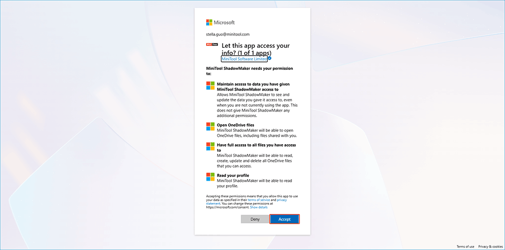 OneDrive account authorization page asking the user to allow MiniTool ShadowMaker to access OneDrive.
