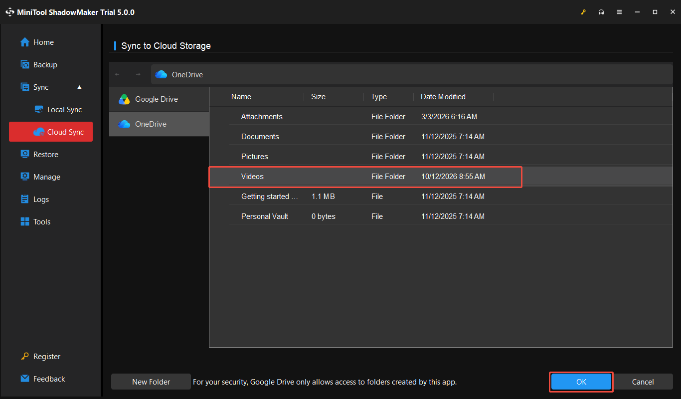 OneDrive destination showing available folders, with a destination folder selected and the OK button highlighted.