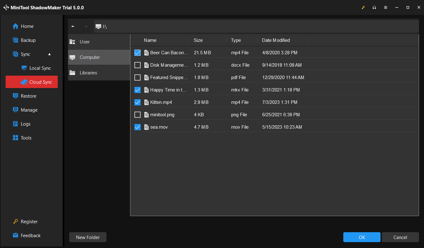 Source selection window showing the User, Computer, and Libraries locations and a list of files and folders.
