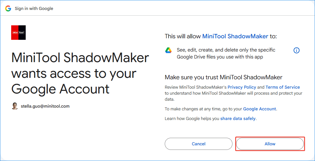 Google account authorization page asking the user to allow MiniTool ShadowMaker to access Google Drive.
