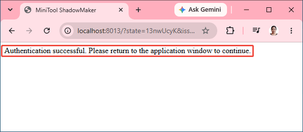 Browser page displaying the message that authentication was successful and prompting users to return to the application.